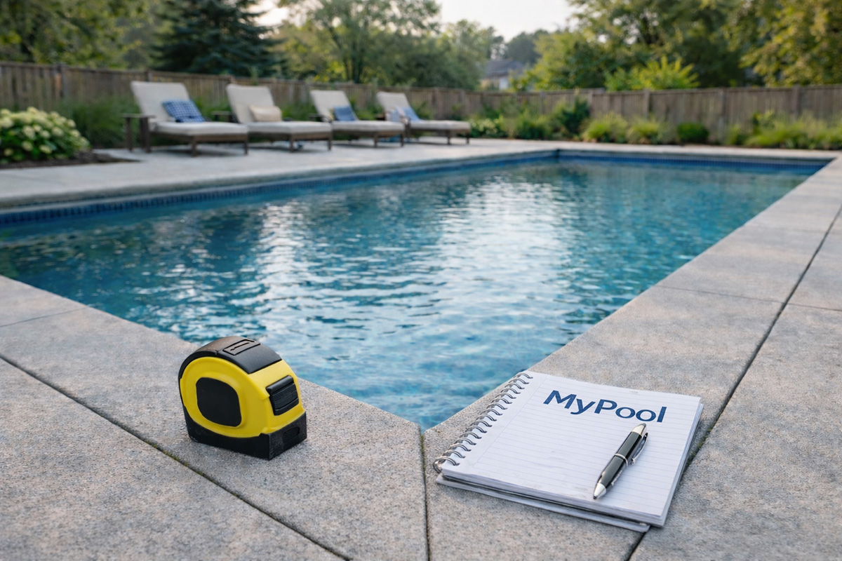 MyPool on-site pool evaluation with notebook and tape measure